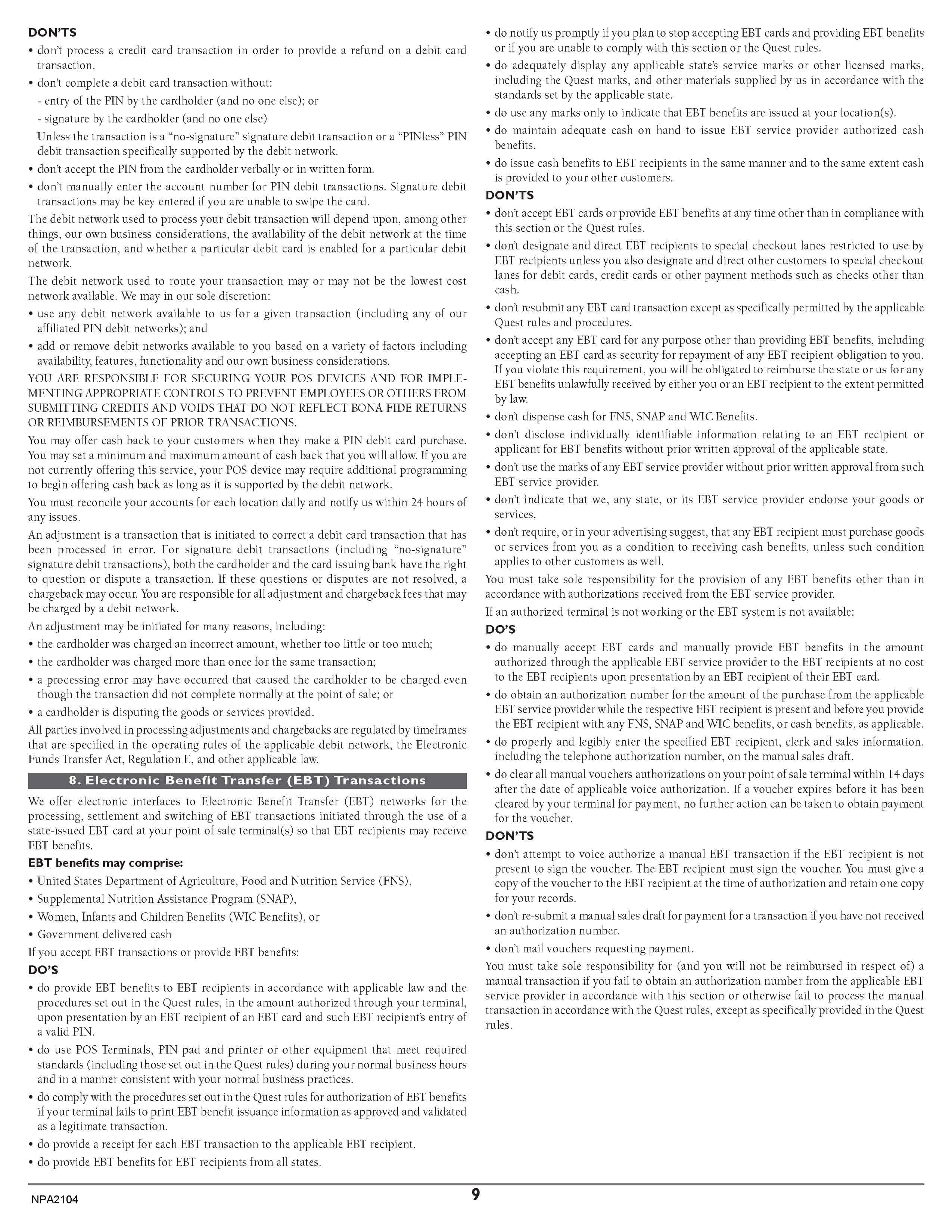 Merchant Services Program Terms and Conditions — page 9