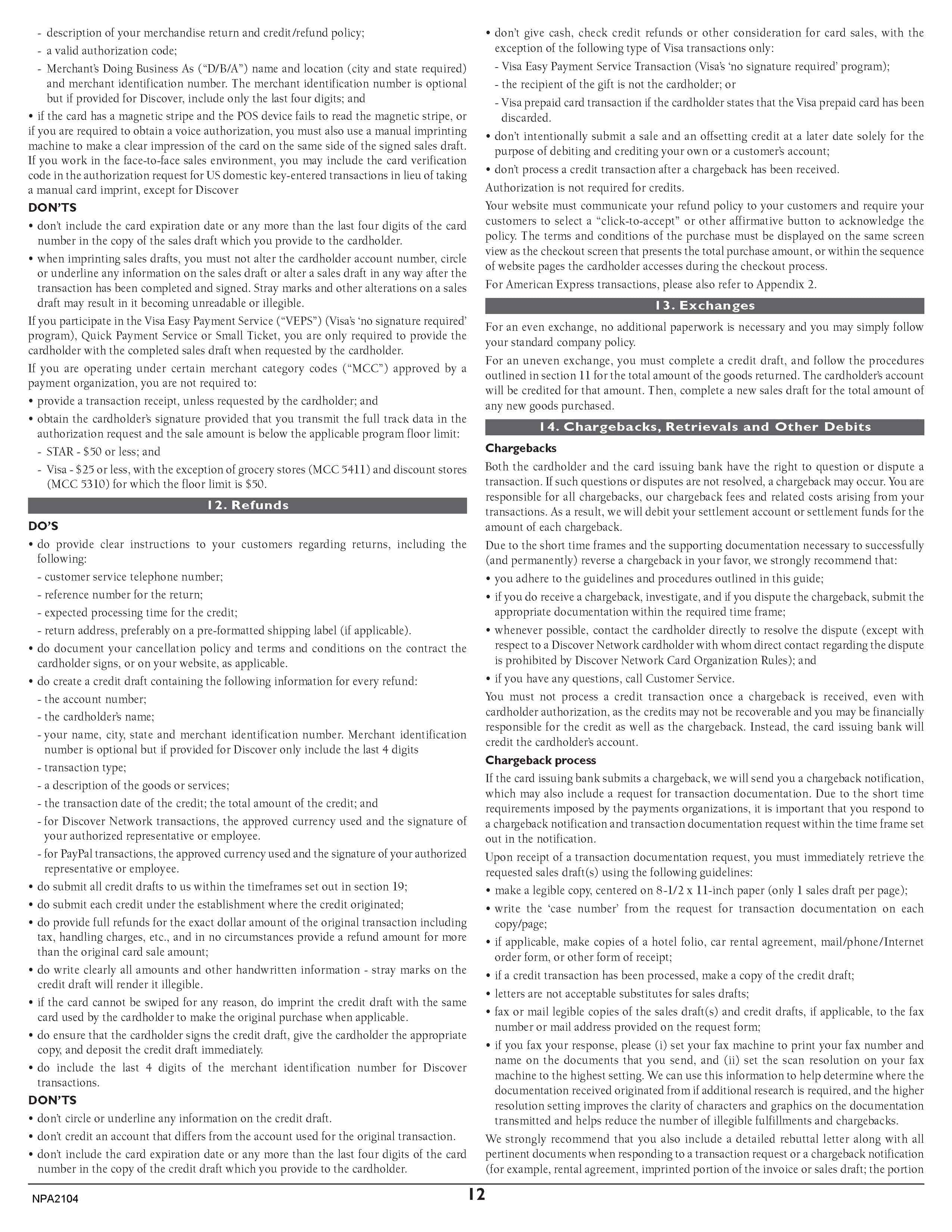 Merchant Services Program Terms and Conditions — page 12