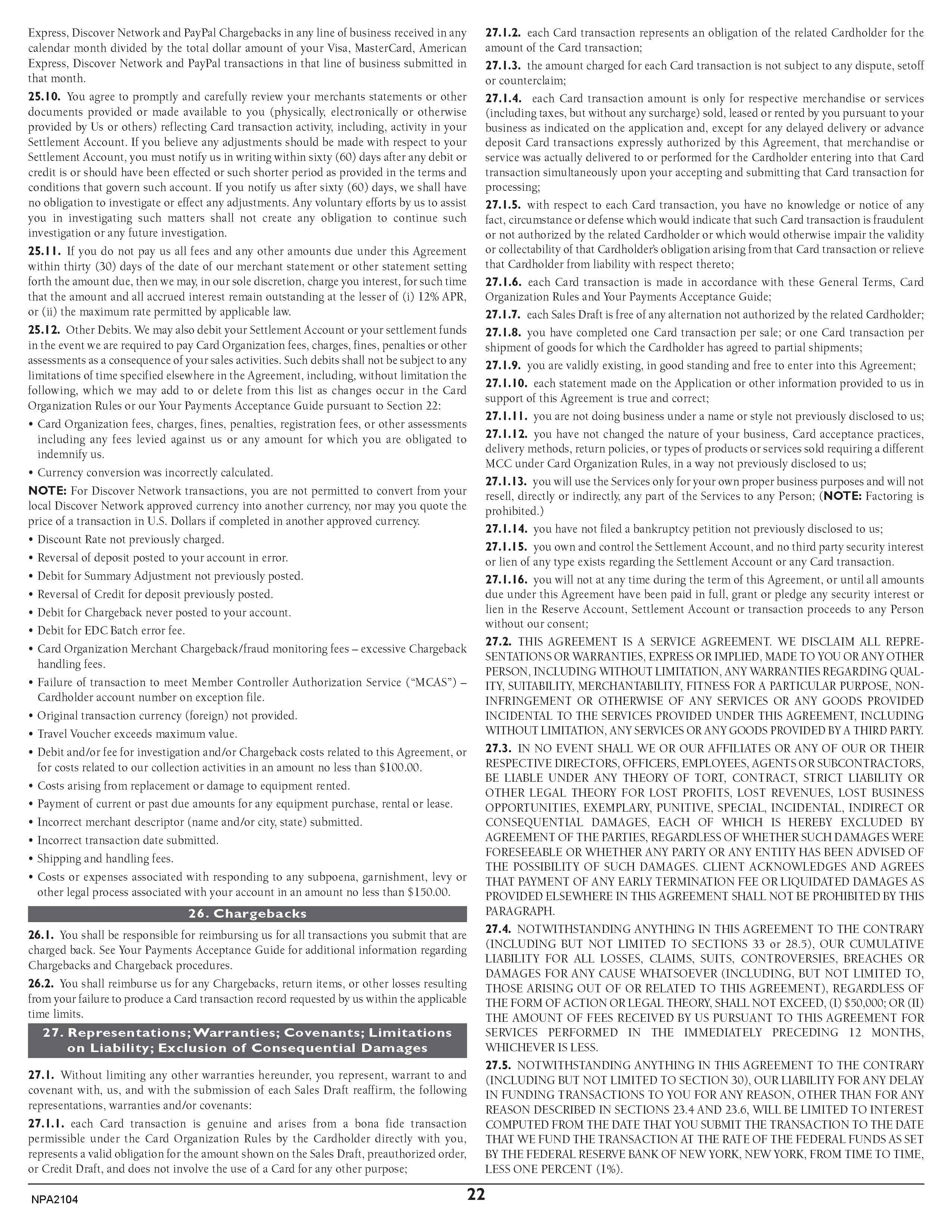 Merchant Services Program Terms and Conditions — page 22