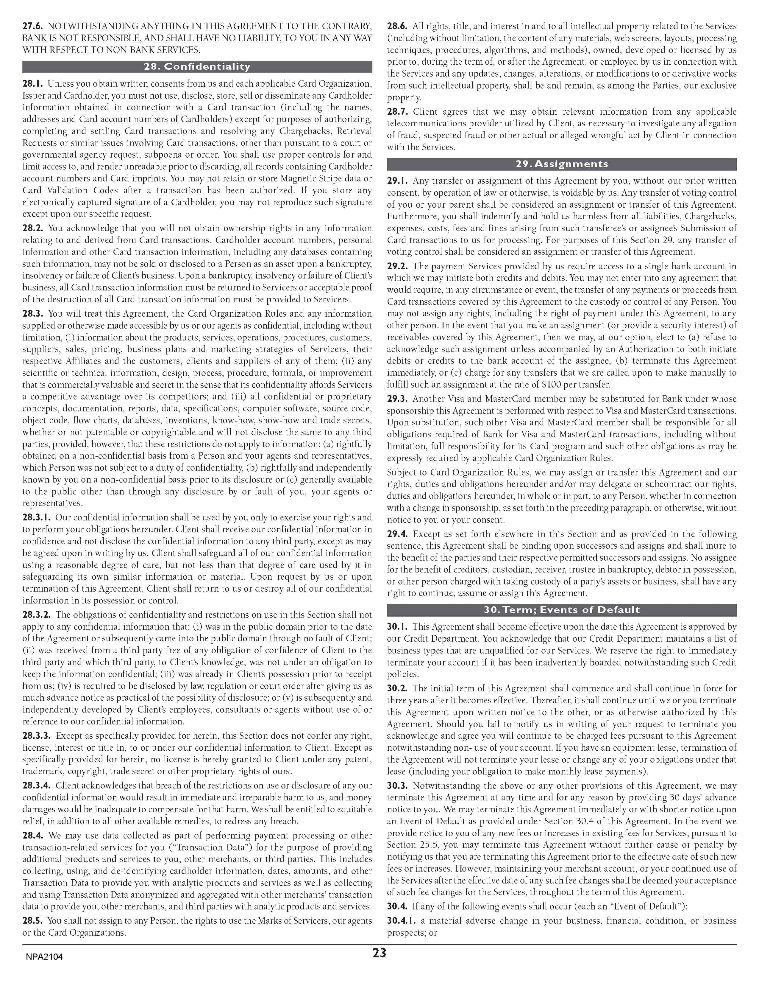 Merchant Services Program Terms and Conditions — page 23
