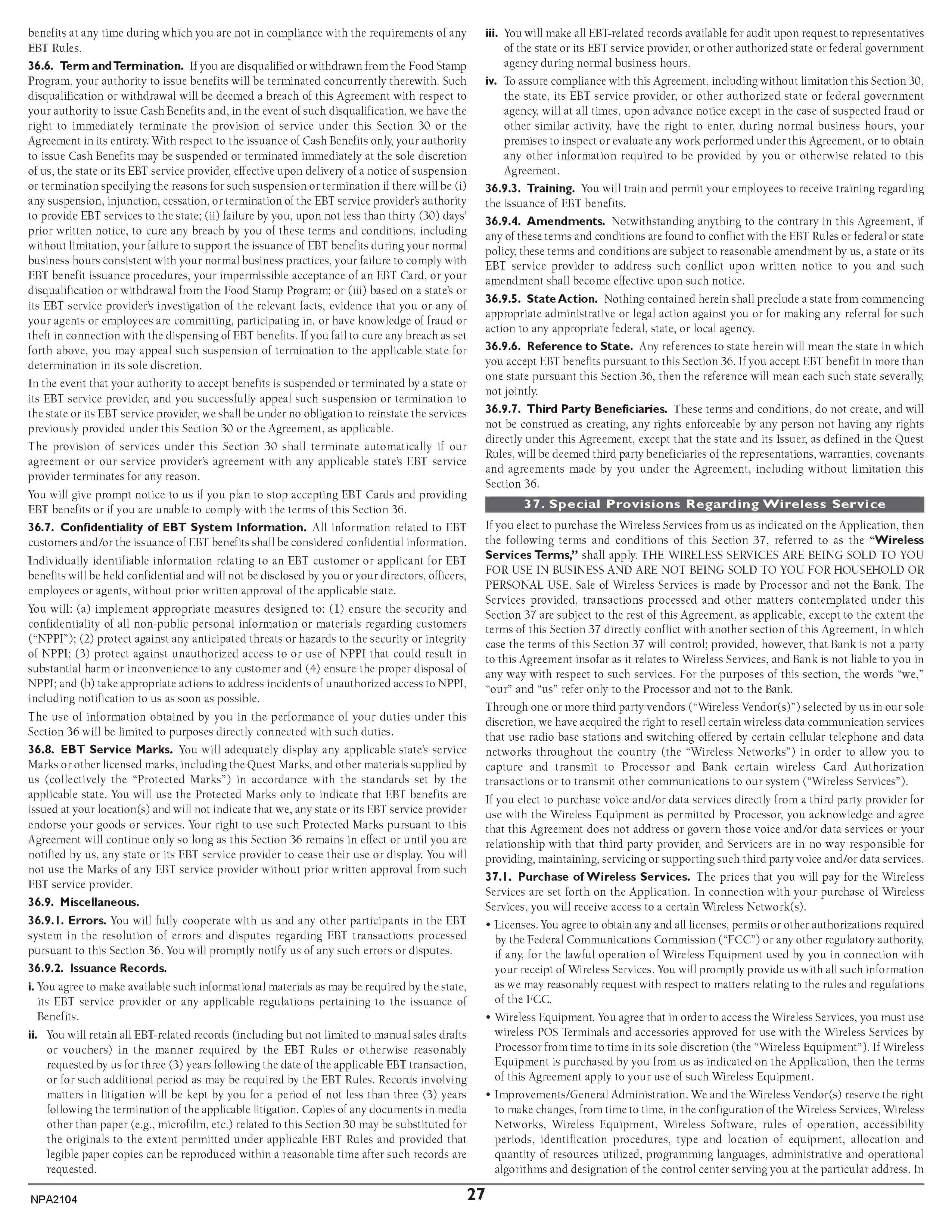 Merchant Services Program Terms and Conditions — page 27