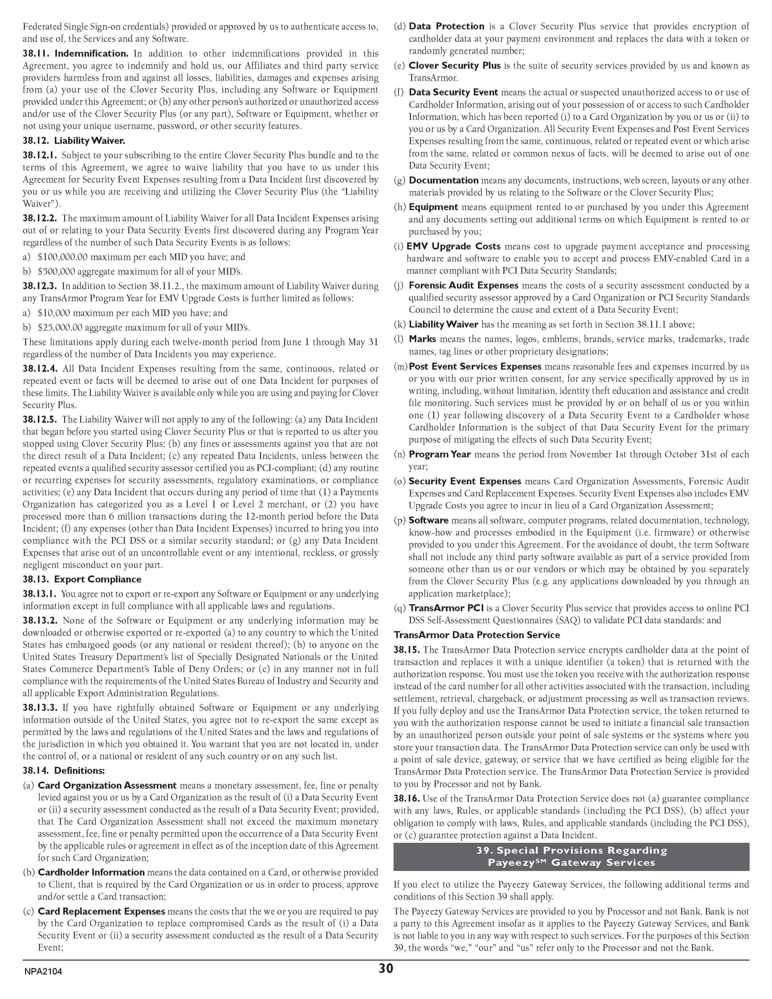 Merchant Services Program Terms and Conditions — page 30