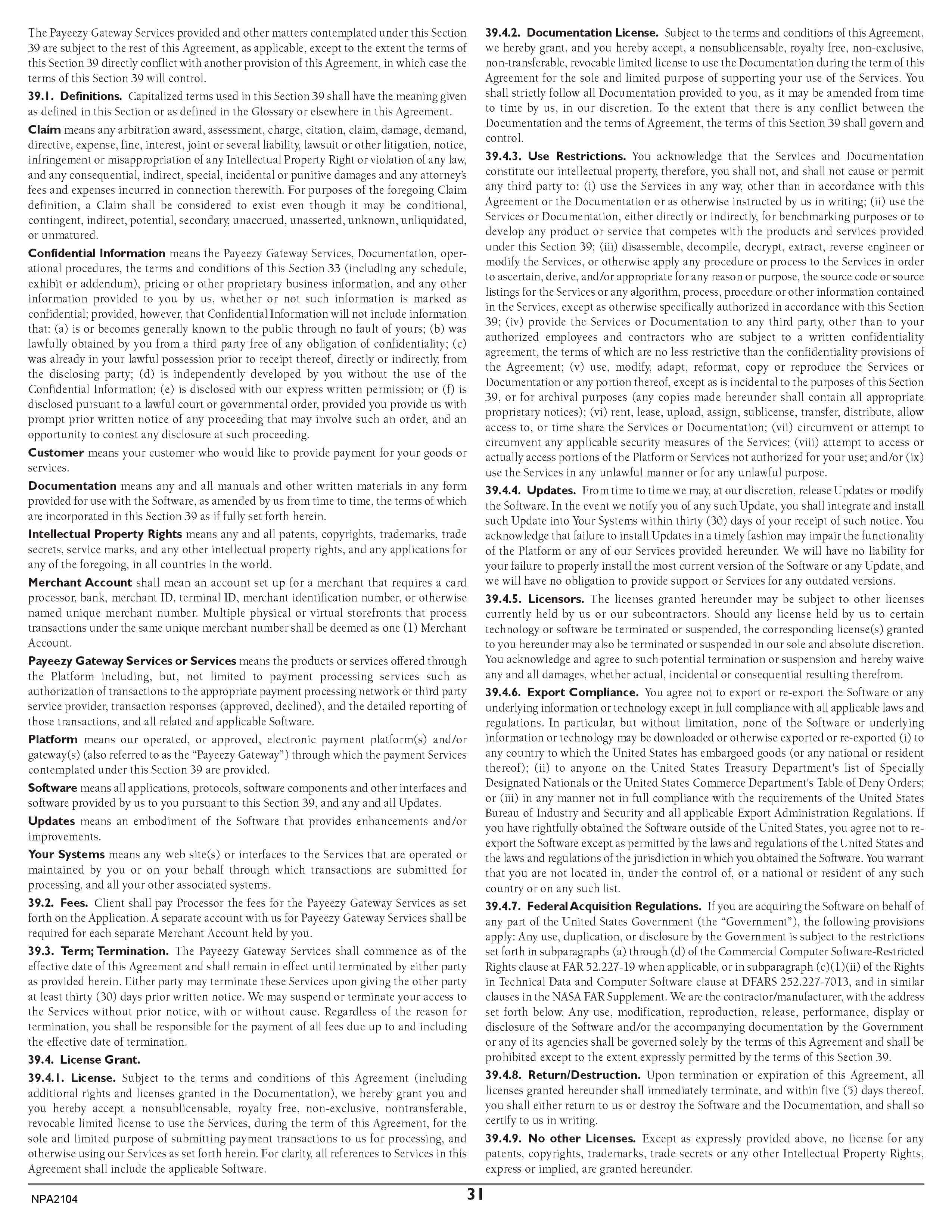 Merchant Services Program Terms and Conditions — page 31