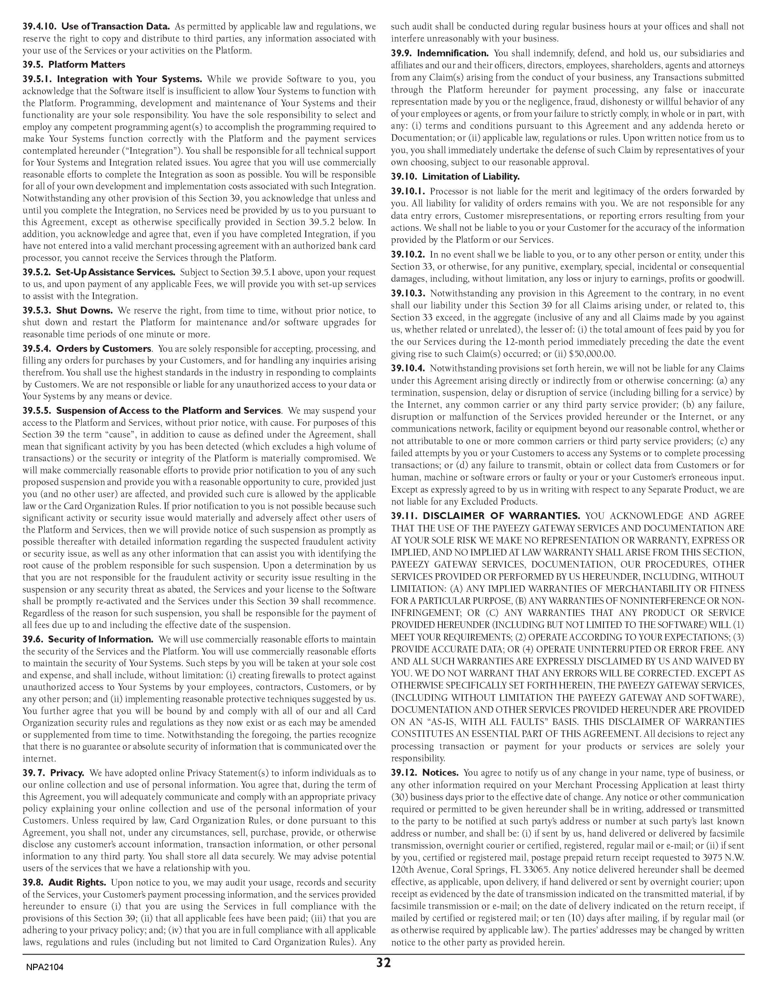 Merchant Services Program Terms and Conditions — page 32
