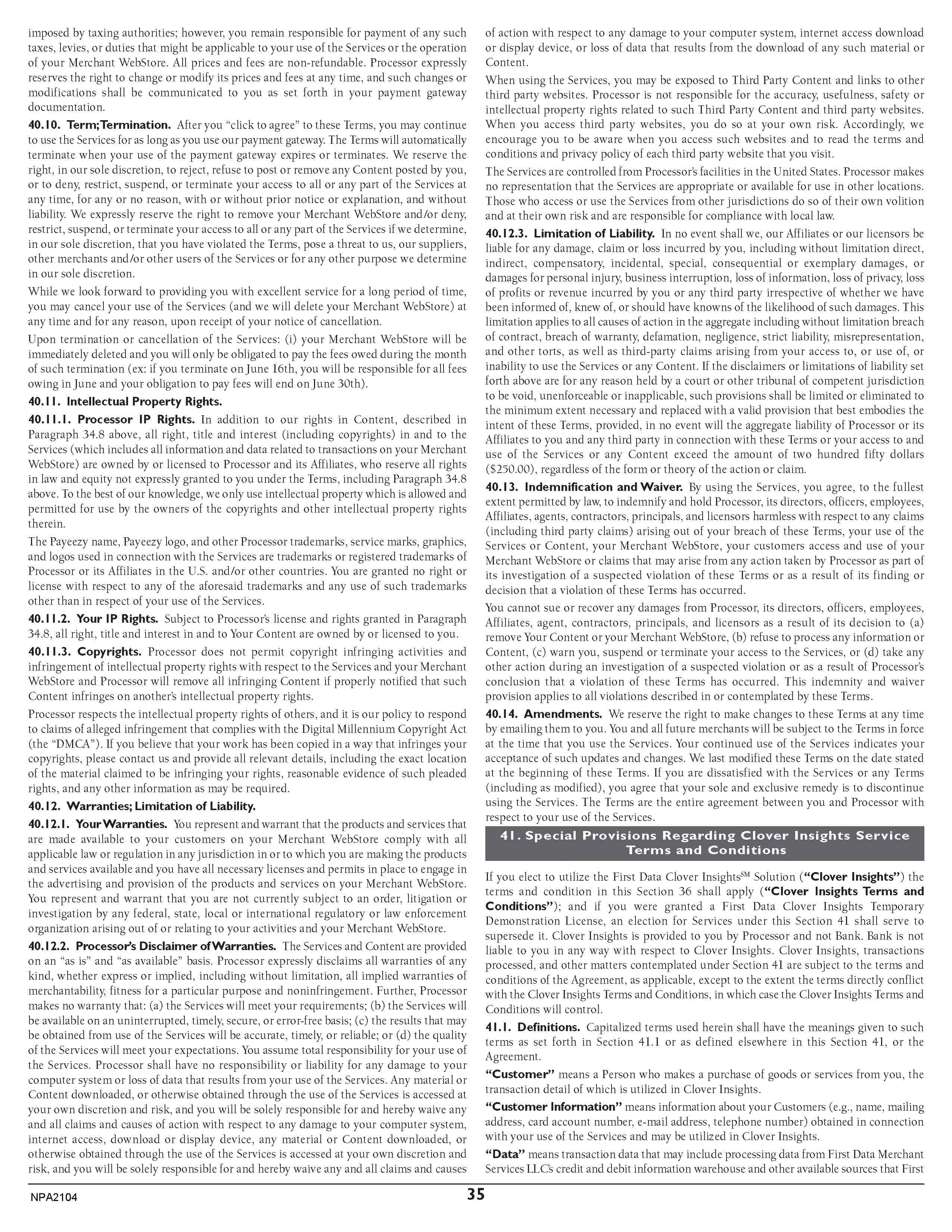 Merchant Services Program Terms and Conditions — page 35
