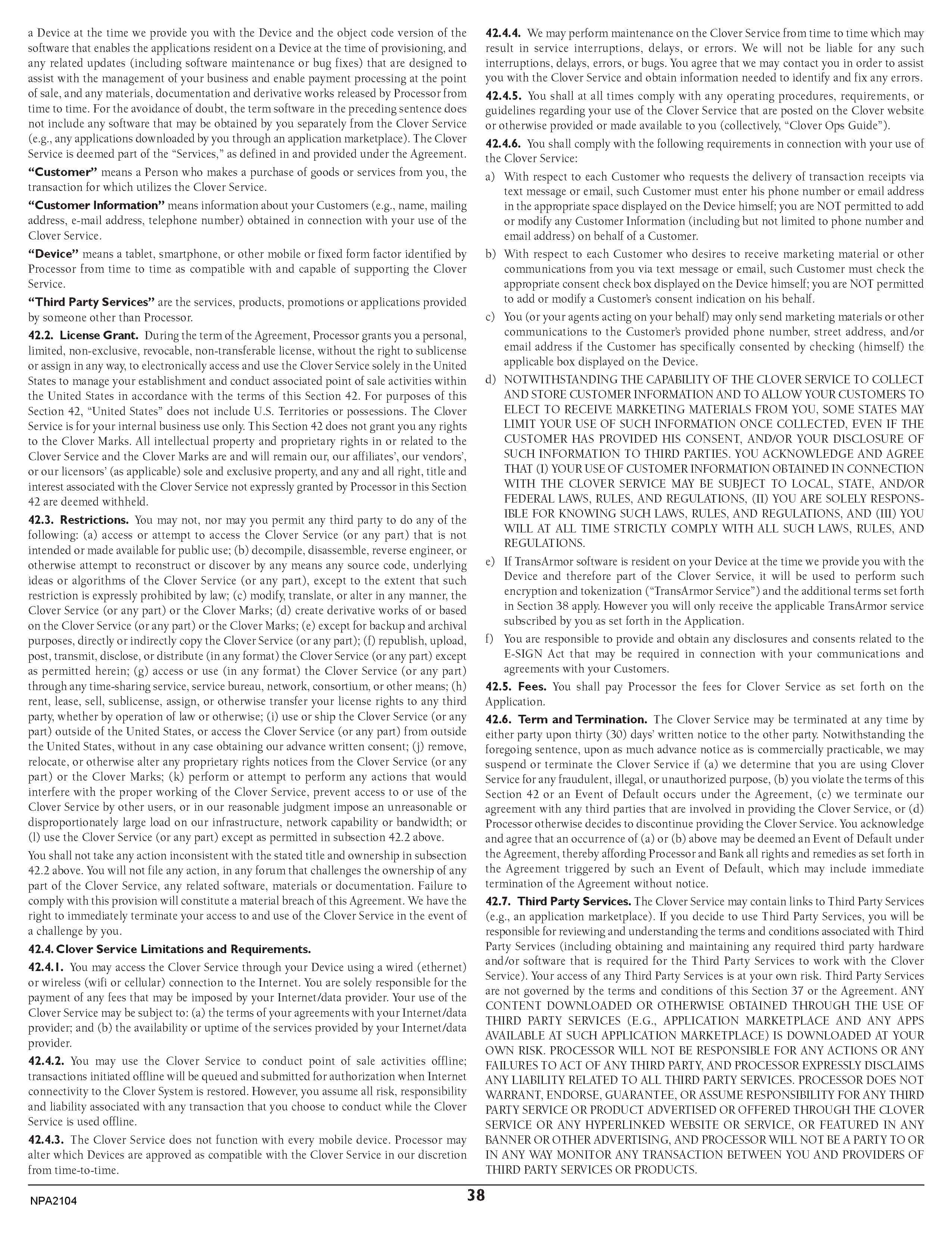 Merchant Services Program Terms and Conditions — page 38