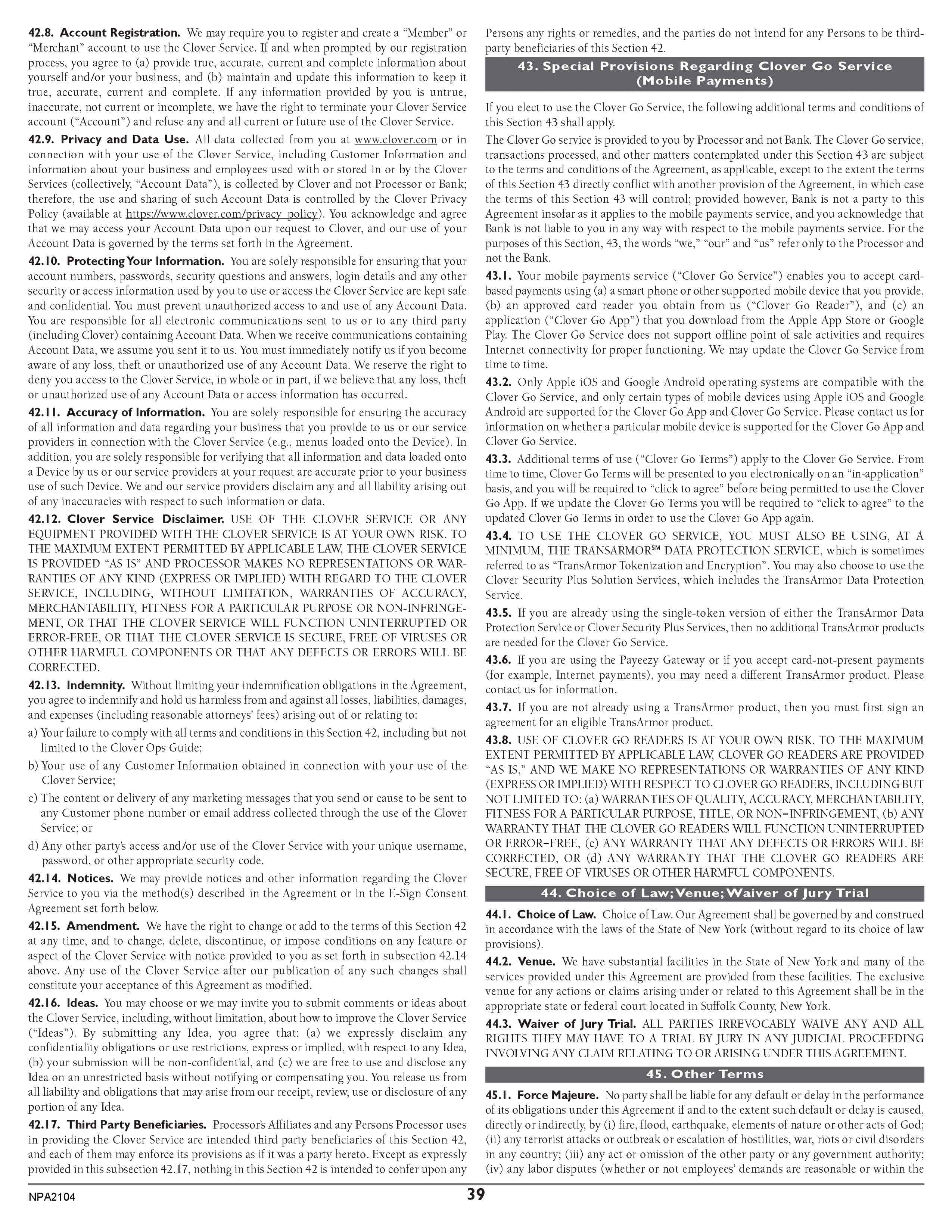 Merchant Services Program Terms and Conditions — page 39