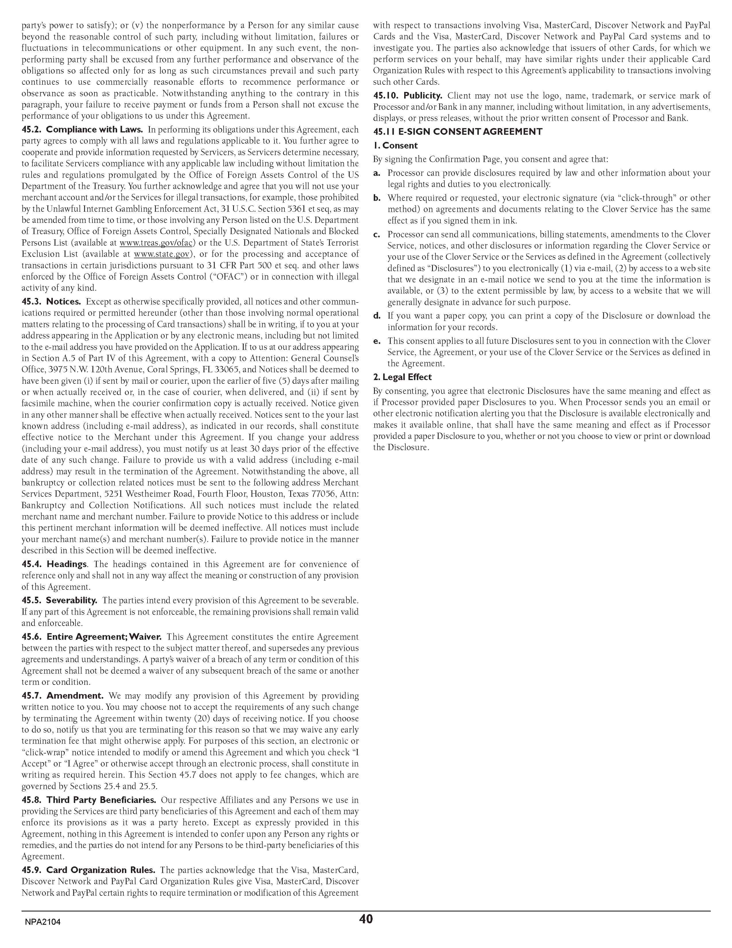 Merchant Services Program Terms and Conditions — page 40
