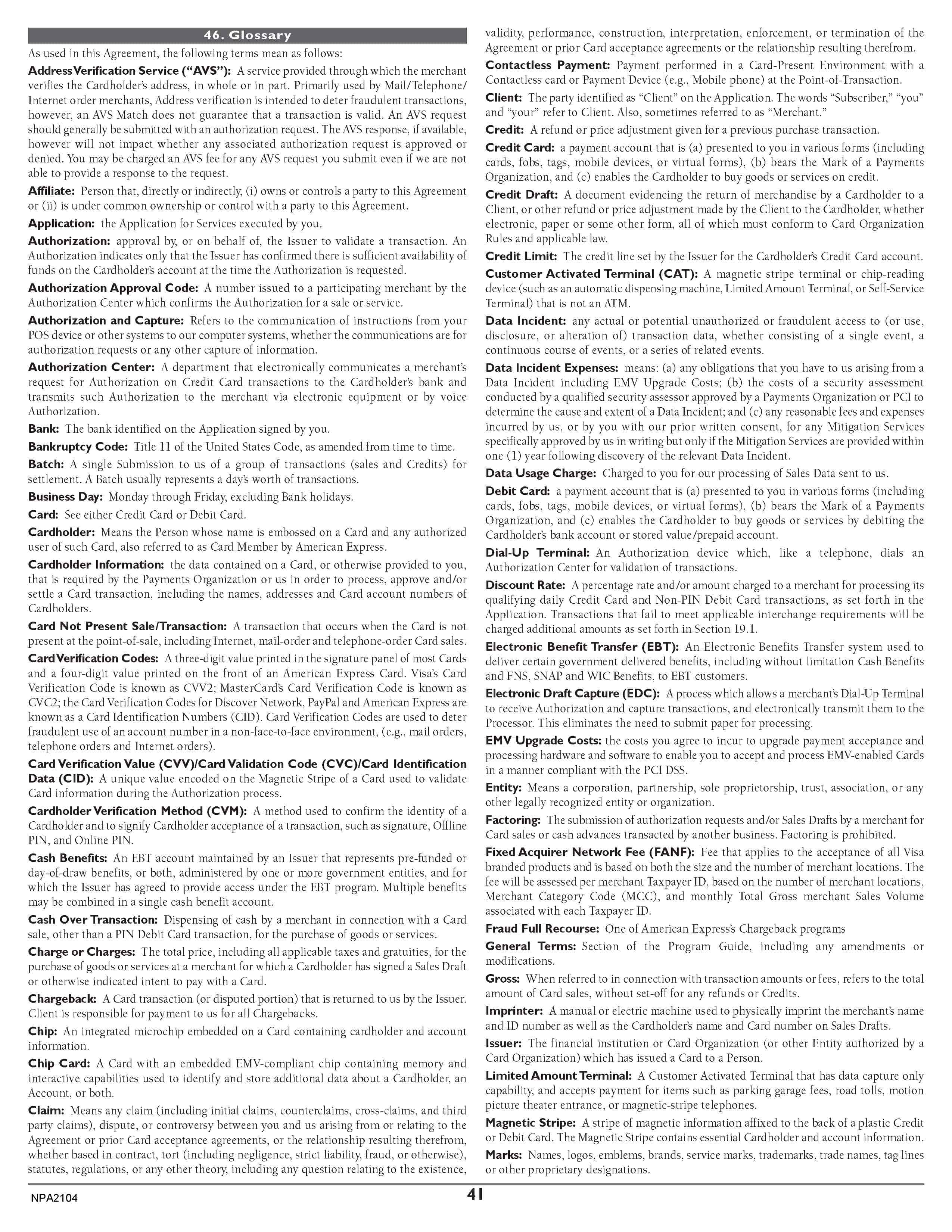 Merchant Services Program Terms and Conditions — page 41