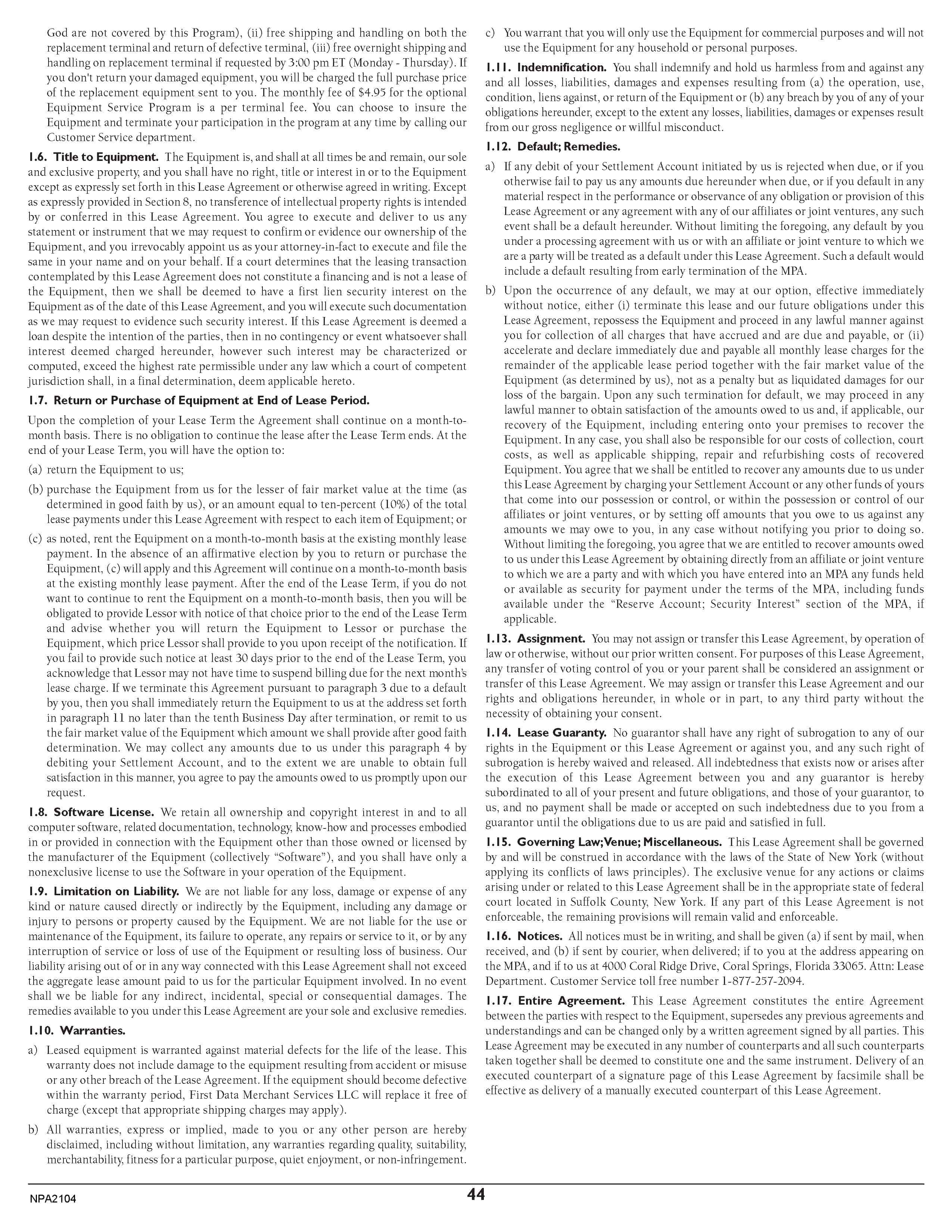 Merchant Services Program Terms and Conditions — page 44