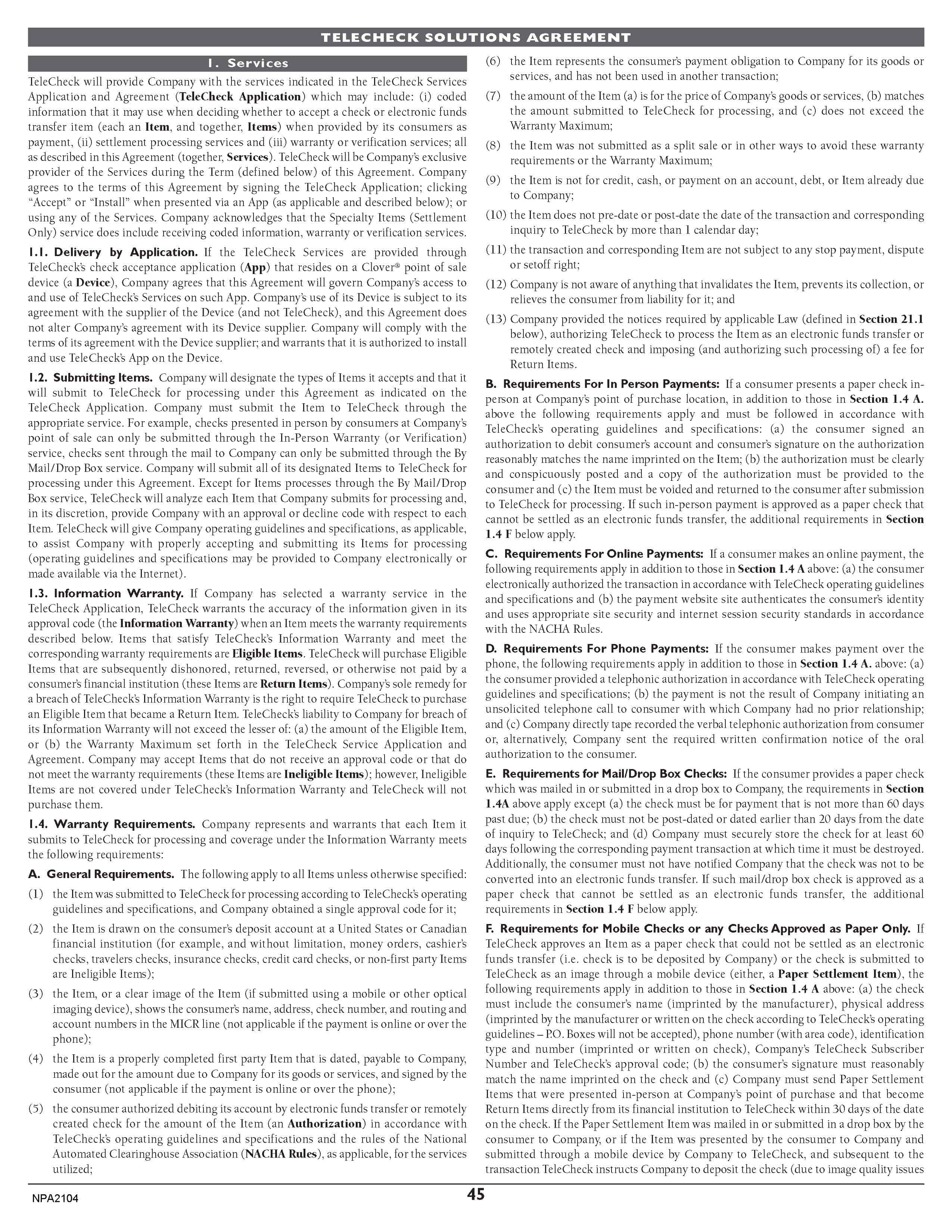 Merchant Services Program Terms and Conditions — page 45
