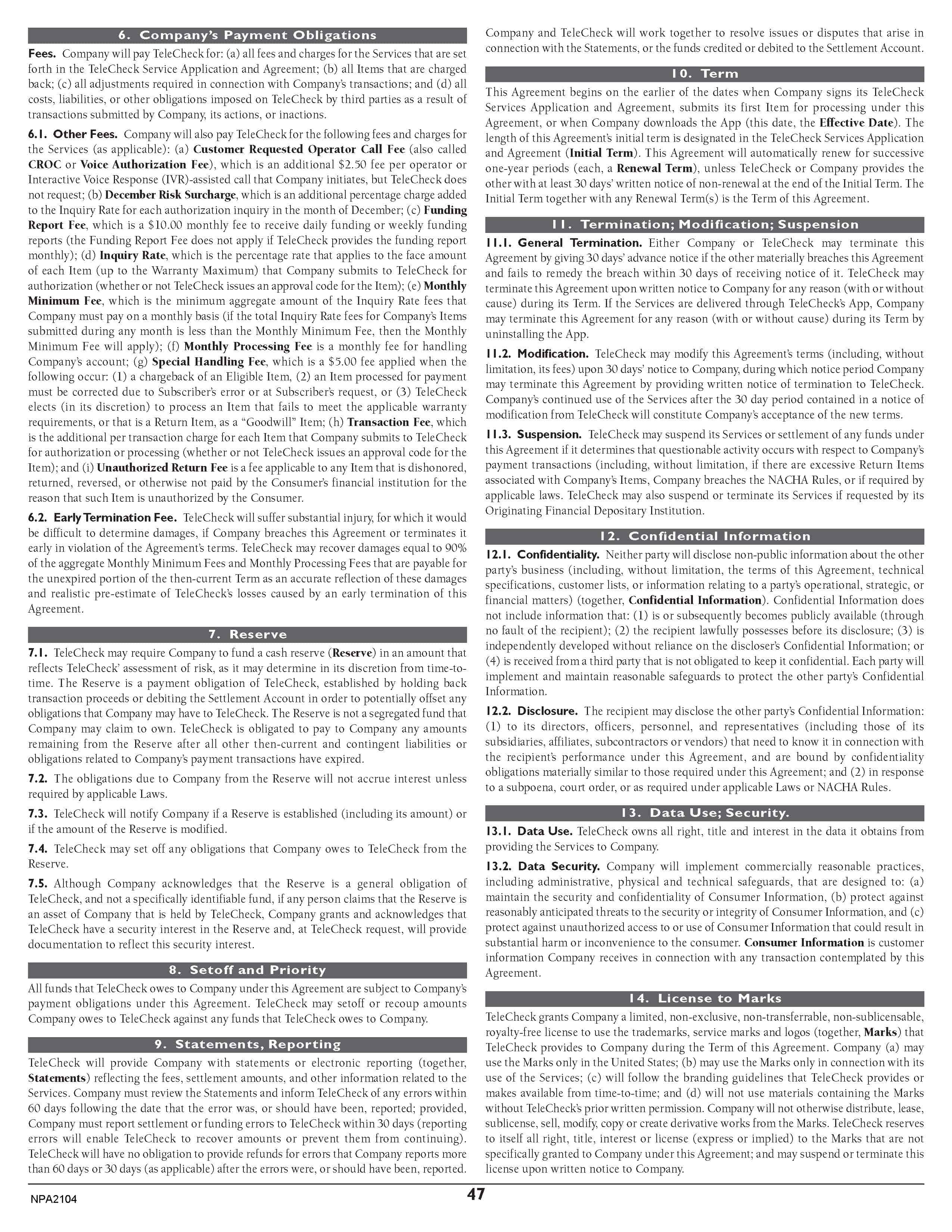 Merchant Services Program Terms and Conditions — page 47